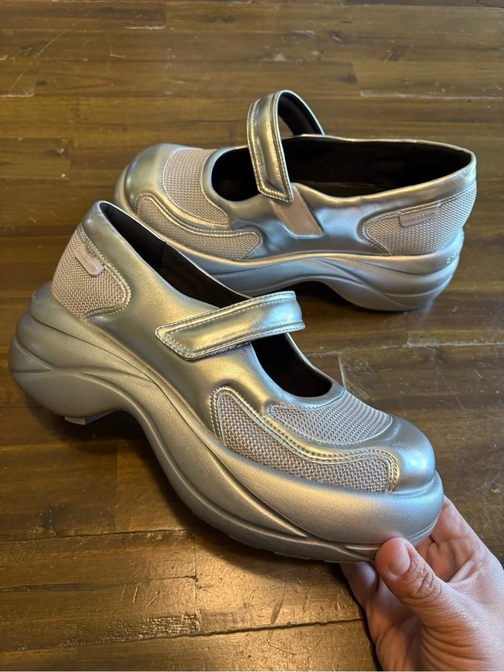 Charles & Keith Metallic Curved Platform Mary Jane Sneakers Silver 37 Edgy Goth